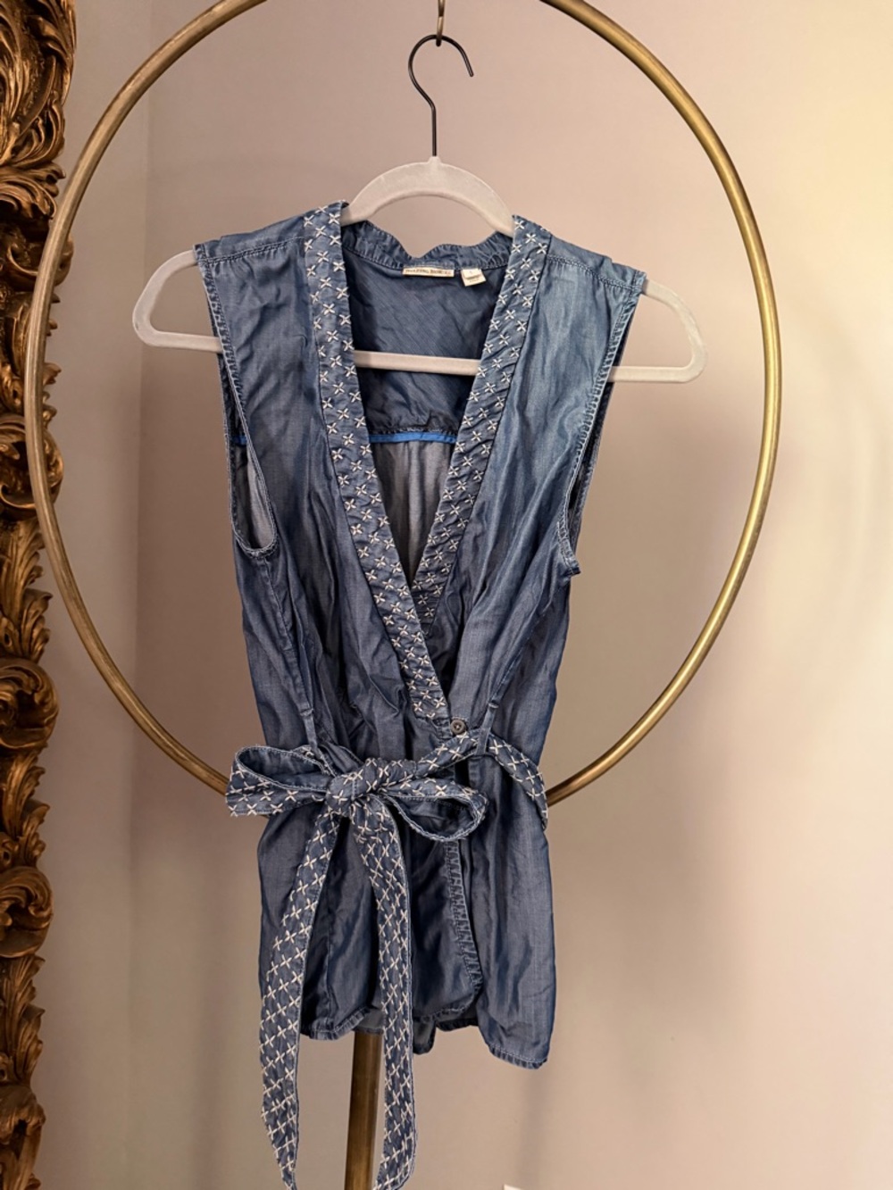 Anthropologie Holding Horses Blue Sleeveless Wrap Top with Embroidered Detail